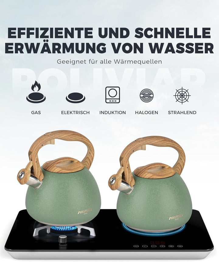 Poliviar Teekessel Induktion - Wasserkessel für Induktion und Gasherd - 2,7L Flötenkessel mit Holzma