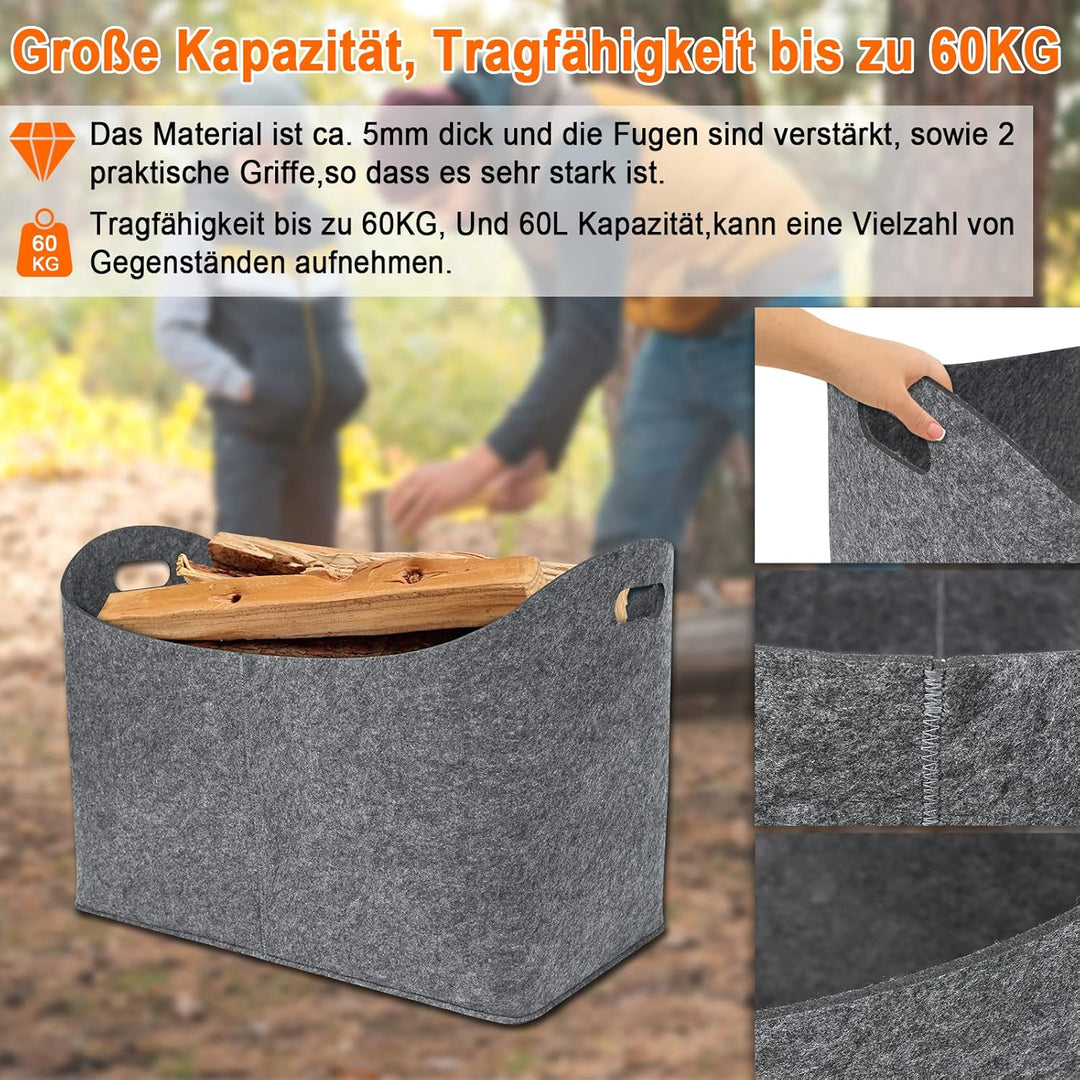 Froadp 4 Stück Filz Kaminholztasche Filztaschen Tragfähigkeit bis 60KG Tragbarer Feuerholzkorb aus V