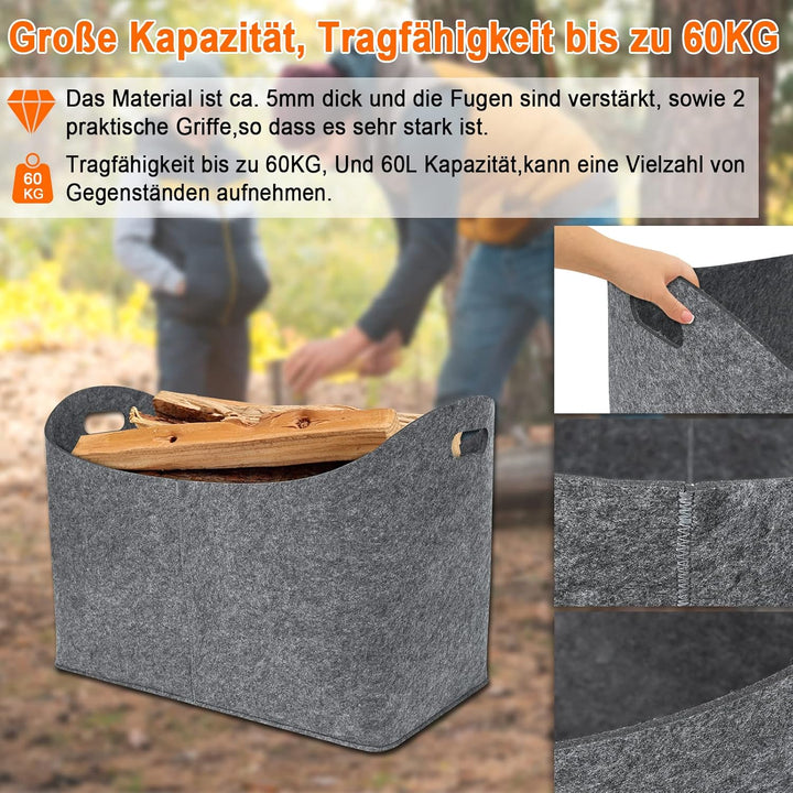 Froadp 4 Stück Filz Kaminholztasche Filztaschen Tragfähigkeit bis 60KG Tragbarer Feuerholzkorb aus V