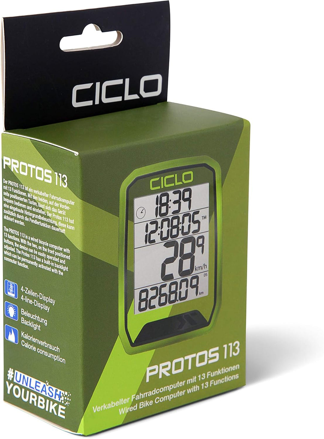 CICLO PROTOS 113 verkabelter Fahrradcomputer, mit 13 Funktionen in grün, in grün