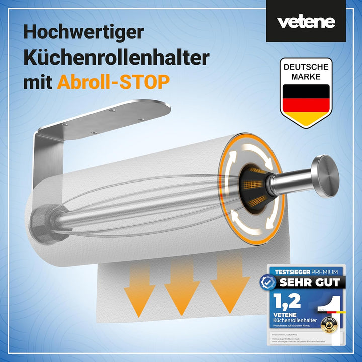 vetene® Premium Küchenrollenhalter ohne Bohren [Zum Einhändig Abreissen] – Edelstahl Silber – mit Ab