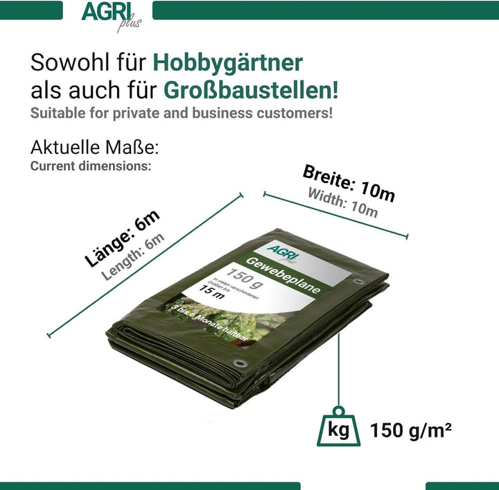 AGRI plus Gewebeplane mit Ösen I 6 x 10 m I Verschiedene Grössen I 150 g/m² Folienstärke I Stabile &