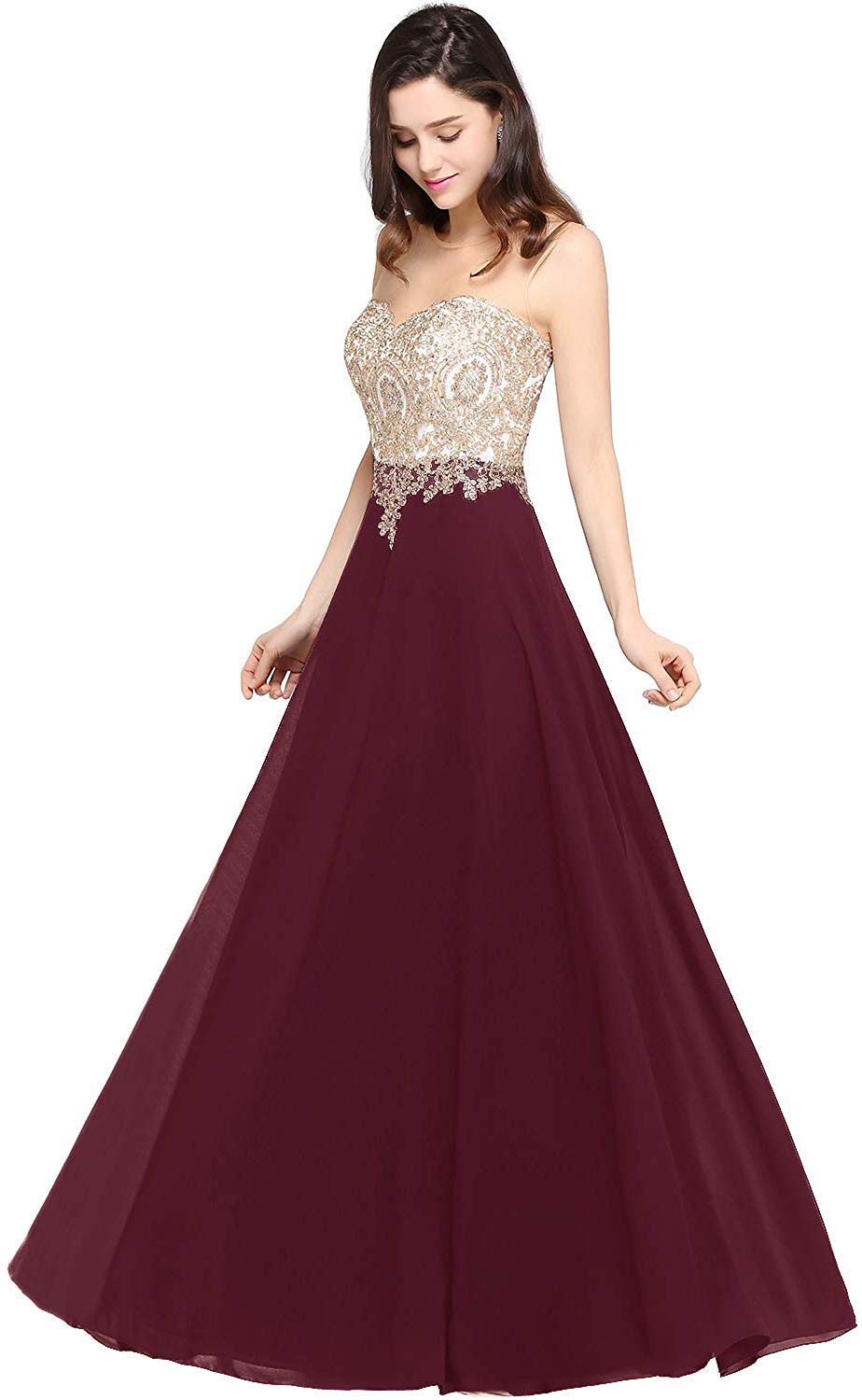 Misshow Abendkleid Chic Lang mit floralen Applikationen aus Chiffon Gr. 32 Bordeaux, 32 Bordeaux