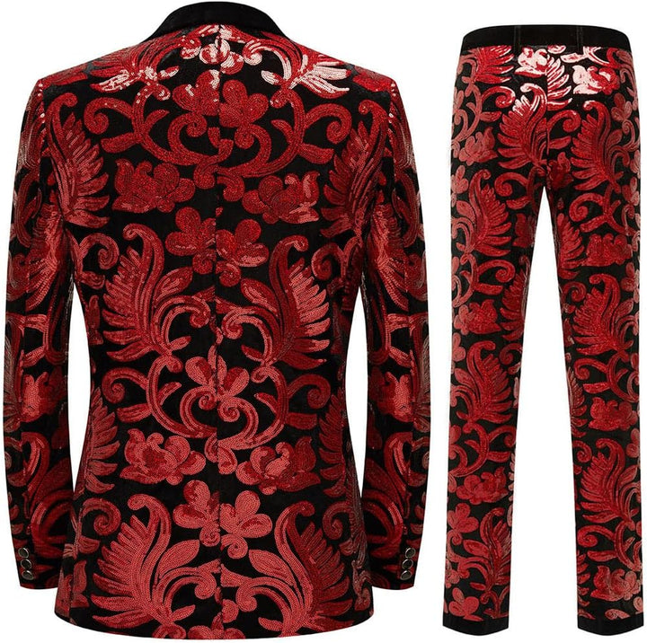 CARFFIV Herren Modische Blumenmuster Pailletten Zweiteiler Set Anzüge XS Rot, XS Rot