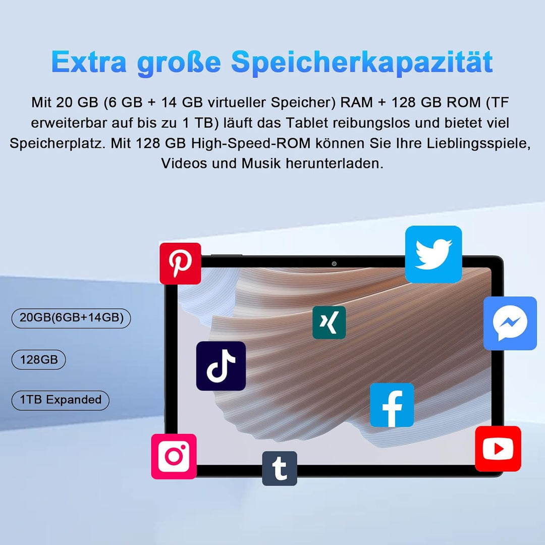 2026 Tablet 10 Zoll Android Widevine L1 20GB RAM+128GB ROM(TF 1TB), Octa-Core,WLAN 6,GMS, 6000mAh, B