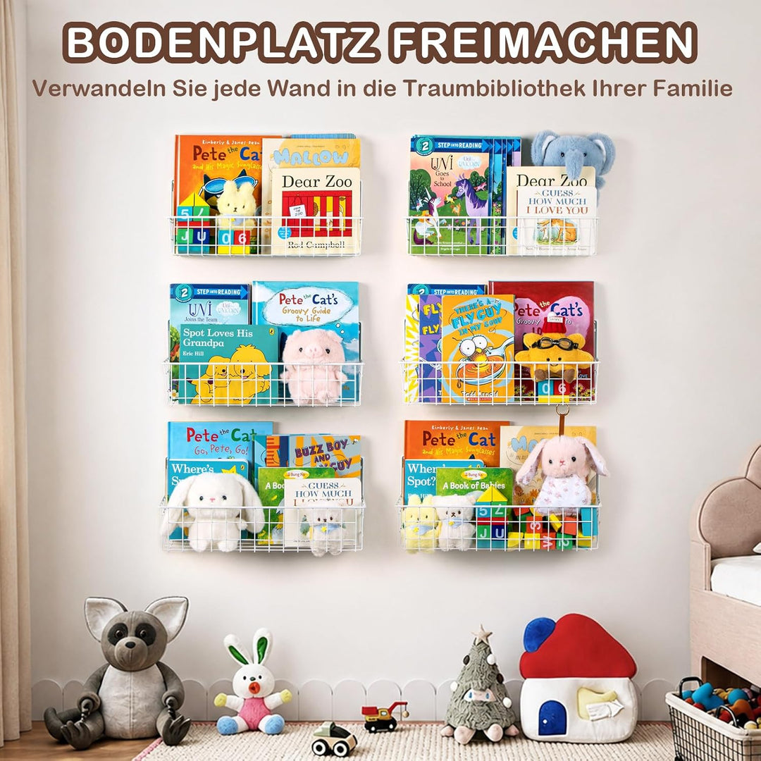 PUERSI 6er-Set Bücherregal Kinder Wand, Metall Wandregal Bücher, Hängend Regal für Kinderzimmer Aufb