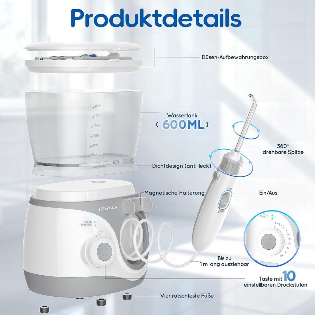 Mornwell Munddusche, Elektrische Professional Zähne mit 10 Druckstufen und 6 Düsen, 2 Modi & 600ml Z