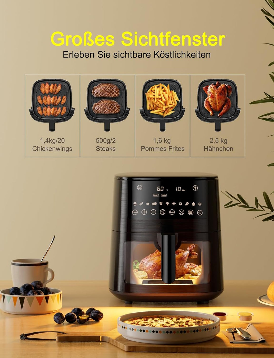 7,2L Heissluftfritteuse Airfryer mit Sichtfenster, 11-in-1 Air Fryer XXL mit Warm halten, Vorheizfun