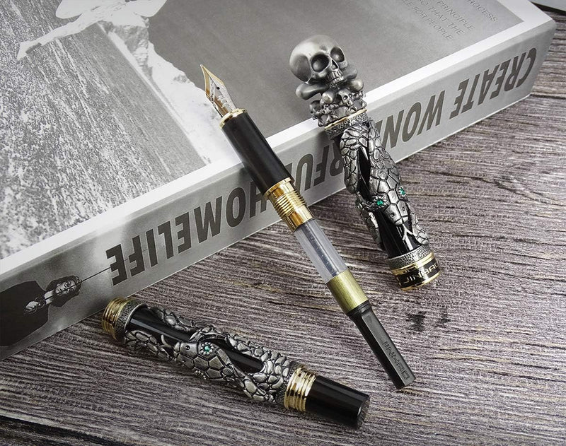 Jinhao Black Snake Füllfederhalter, feine Feder mit Totenkopfkopf, massives Metall Black Fine Nib Si