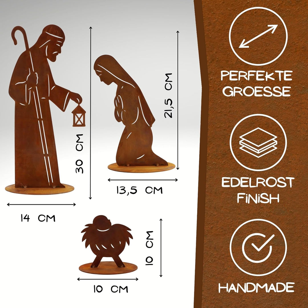 Rostikal Weihnachtskrippe 3-teilig 30 cm – Krippe Metall aus Edelrost auf Standplatten – Tischdeko W