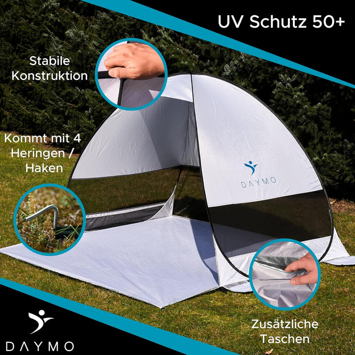 DAYMO Strandzelt Strandmuschel 190x160cm I mit UV Schutz 50+ I Windschutz selbstentfaltend I Wurfzel