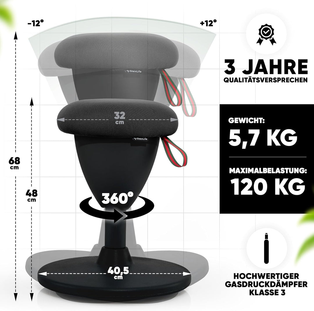 SteinLife Cone Bürohocker Ergonomisch [TESTSIEGER] Sitzhocker Höhenverstellbar [48-68cm] Ergonomisch