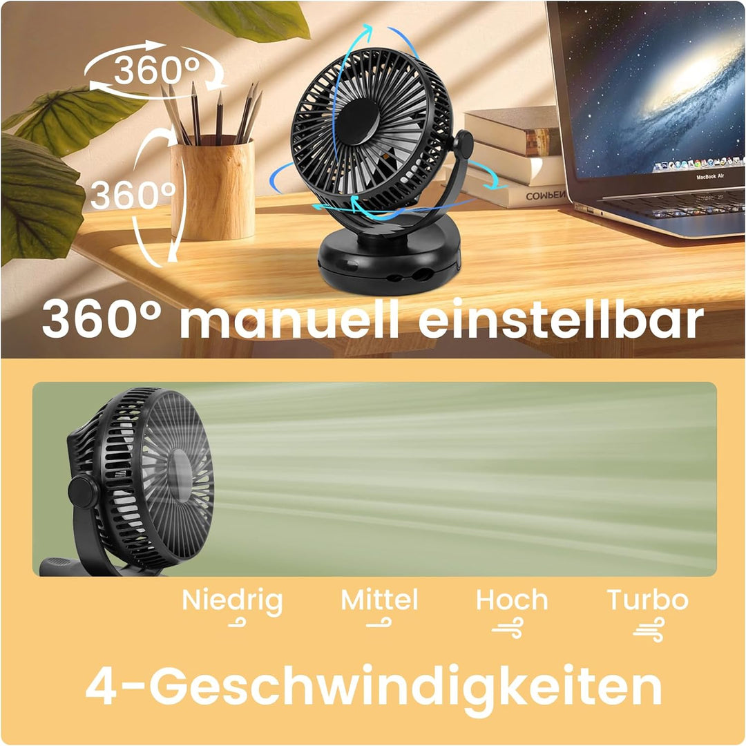 Mursche Tischventilator 10000mAh Akku Tisch Ventilator - Leise Clip Fan Kleiner USB Ventilator Tragb