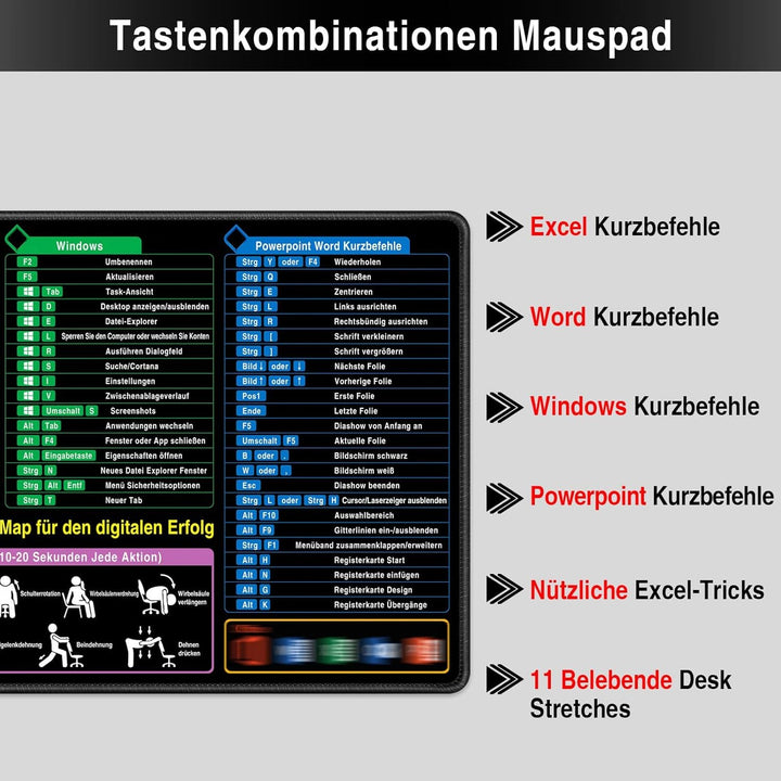 Mauspad XXL - Excel Shortcuts Schreibtischunterlage Deutsch 900x400mm Gaming Mousepad Desk Mat Gross