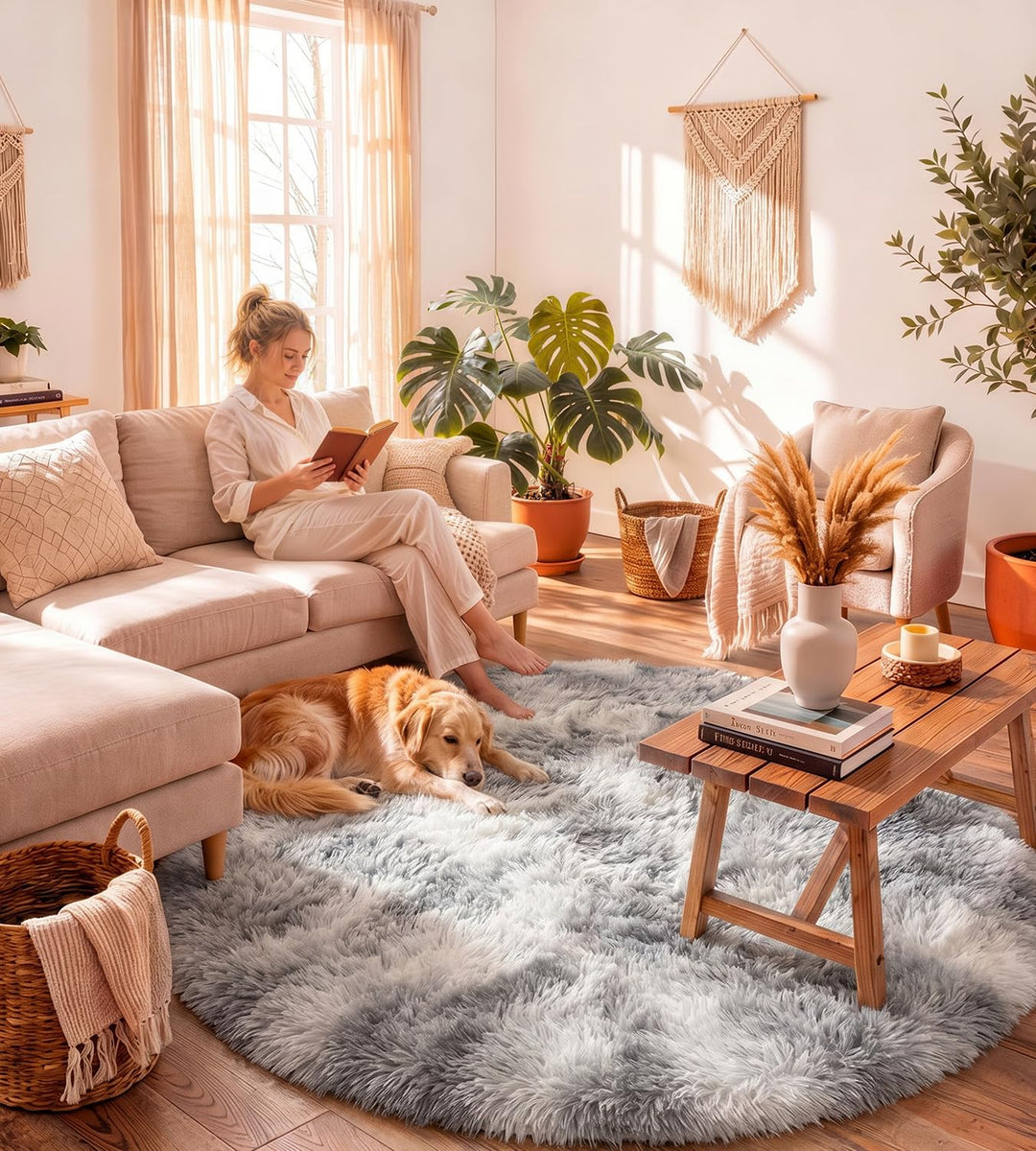 VOFUSHON Teppich Rund Hochflor Teppich Wohnzimmer Teppich Langflor Teppiche für Wohnzimmer flauschig