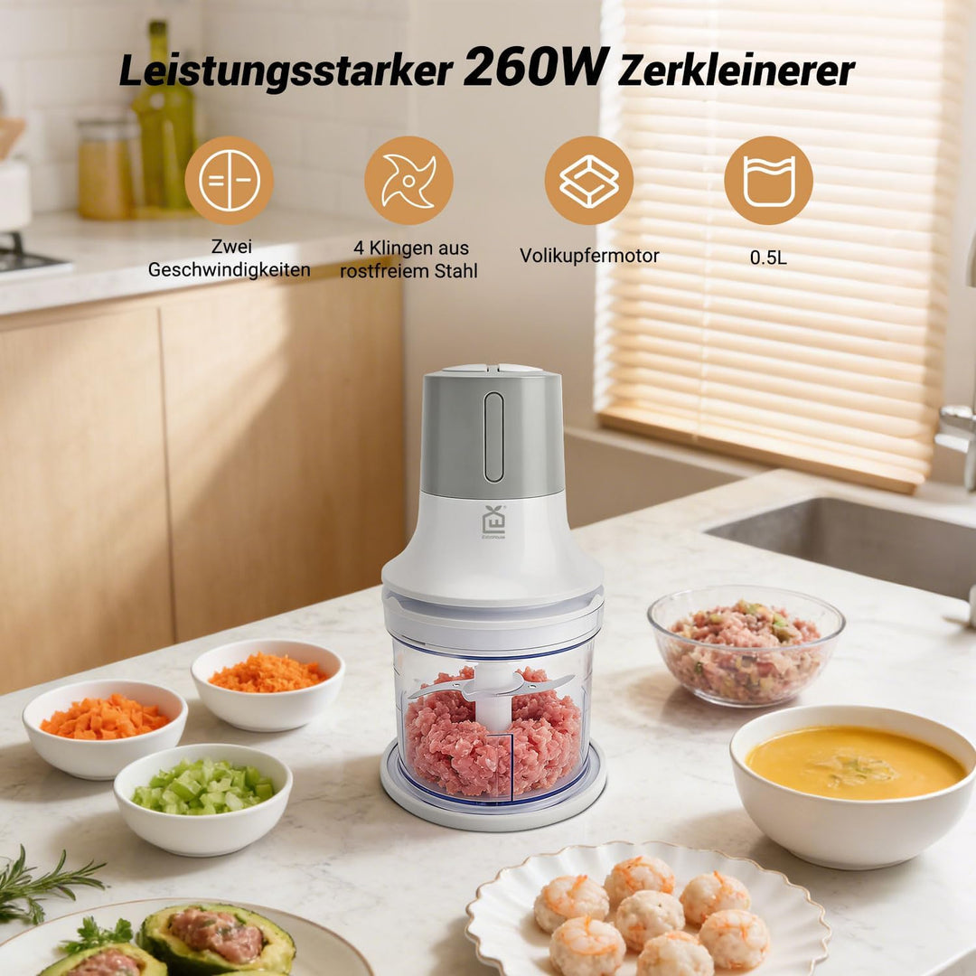 Elektrischer Zerkleinerer, 260W Universalzerkleinerer mit 2 Geschwindigkeitsstufen & 4 Edelstahlklin