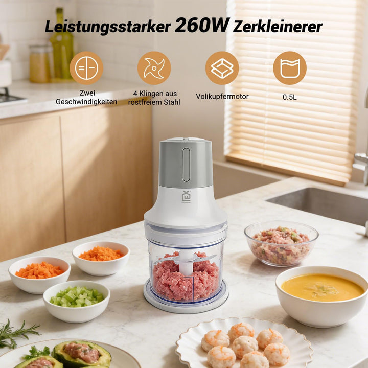 Elektrischer Zerkleinerer, 260W Universalzerkleinerer mit 2 Geschwindigkeitsstufen & 4 Edelstahlklin