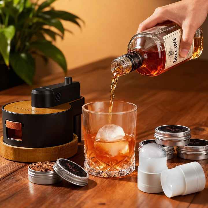 Whiskey-Smoker-Set mit integriertem Feuerzeug, 6 Sorten Holzspäne, 2 Gläser, 2 Eisballformen, Cockta