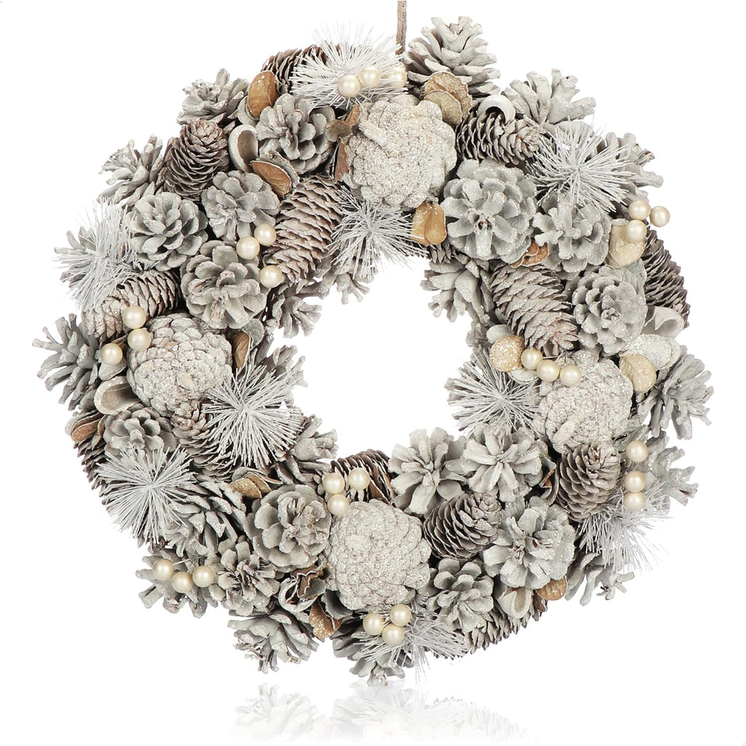 COM-FOUR® Türkranz für Weihnachten - weisser Adventskranz mit vielen Zapfen und Beeren - Dekokranz -