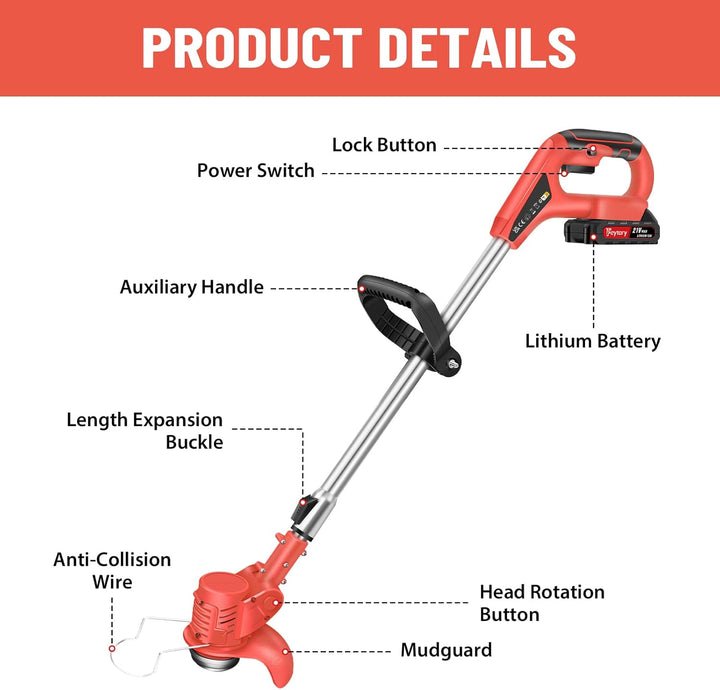 Elektrischer Rasenmäher 3-in-1 Akku-Rasenmäher Rasentrimmer Freischneider Edger 21V Akku Rot with 1
