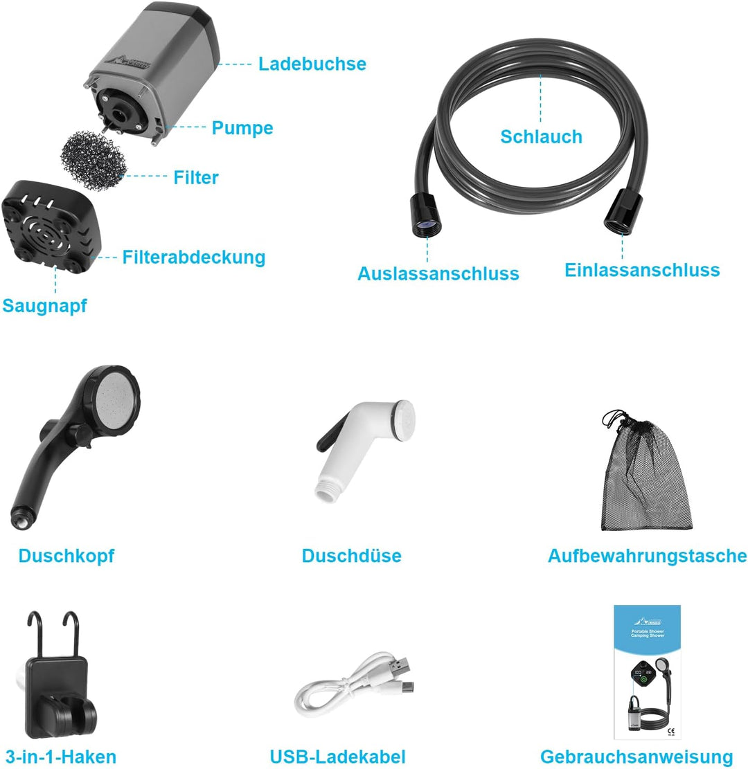 WADEO Tragbare Campingdusche Akku mit Pumpe, Camping Dusche mit wiederaufladbarem Akku [6000-8000mAh