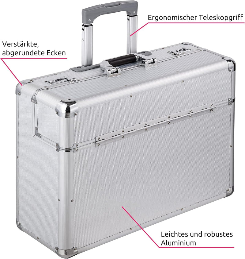 tectake 401232 XL Pilotenkoffer, Zwei Zahlenkombinationsschlösser, mit Rollen, Totalmasse 55x49x22cm