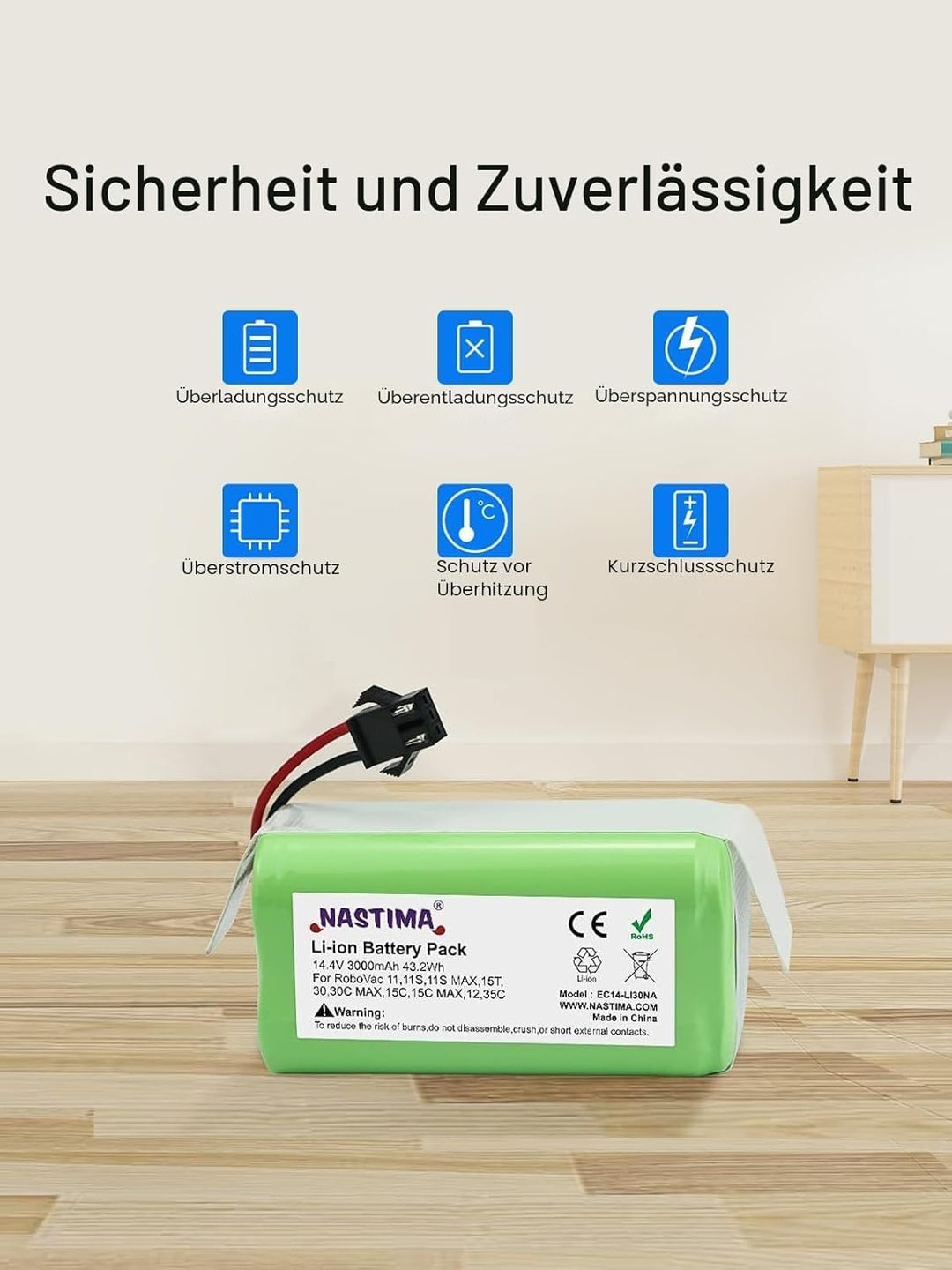 NASTIMA 14.4V 3000mAh Lithium-Ionen-Ersatzakku Kompatibel mit Eufy RoboVac 11 11S 11S MAX 12 15C 15T