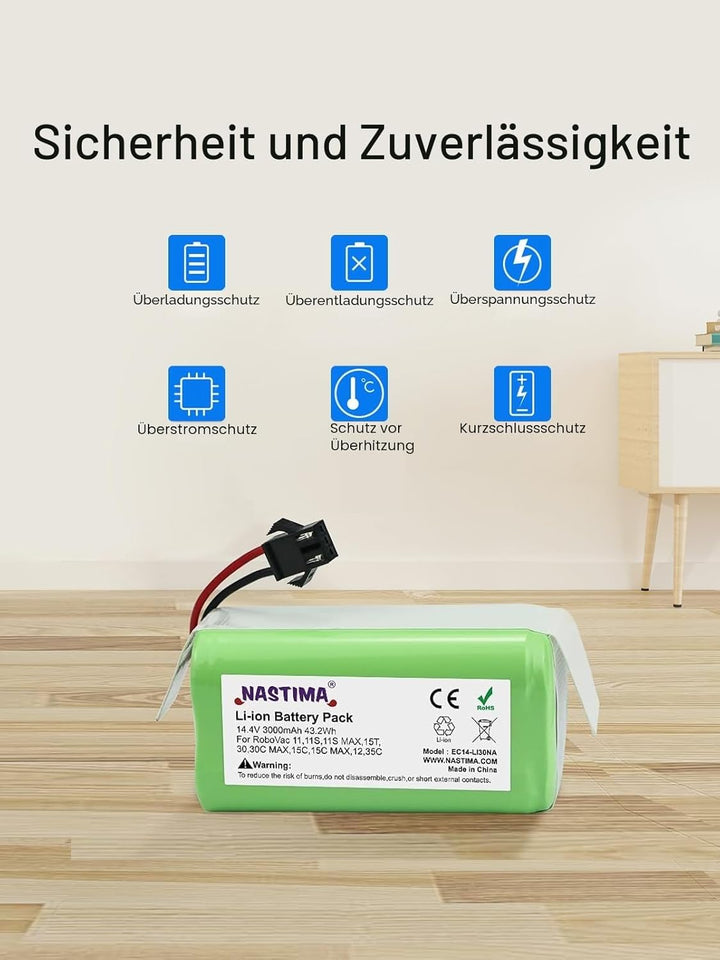 NASTIMA 14.4V 3000mAh Lithium-Ionen-Ersatzakku Kompatibel mit Eufy RoboVac 11 11S 11S MAX 12 15C 15T