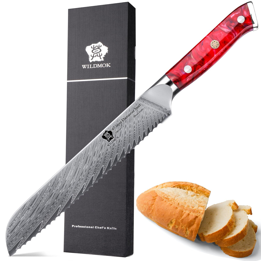WILDMOK Brotmesser mit Wellenschliff 20cm, Brotmesser aus Damaststahl, 67 lagiger japanischer, Brotm