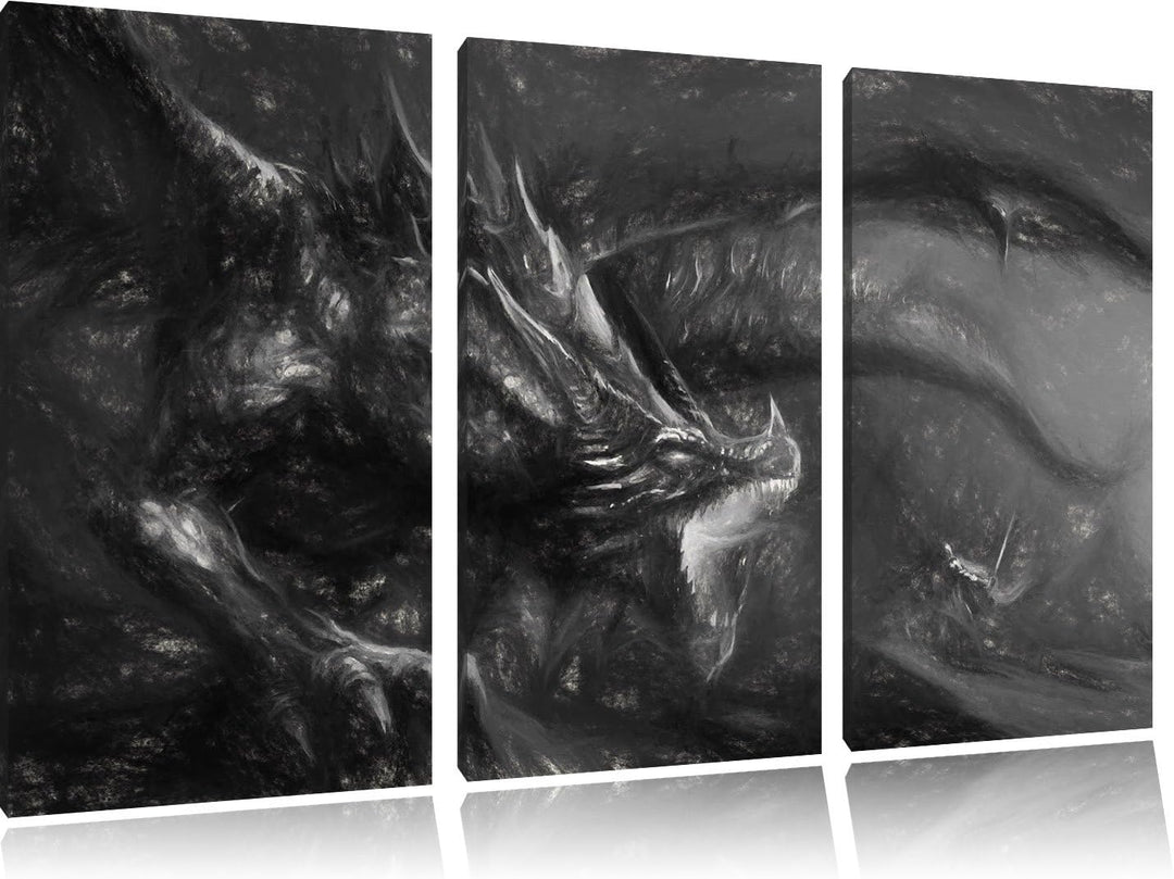 Pixxprint Kampf zwischen Mensch und Drache als Leinwandbild/Grösse: 3 Teilig (120x80 cm) cm/Wandbild