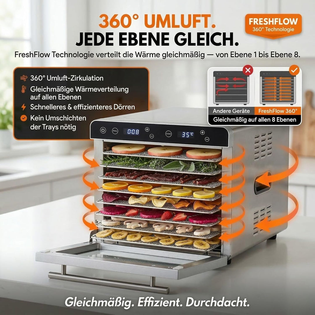 Sommertal Dörrautomat Silence 700 XXL inkl. 8 Edelstahl Dörrgitter, LED-Display, 24h Timer, Temperat