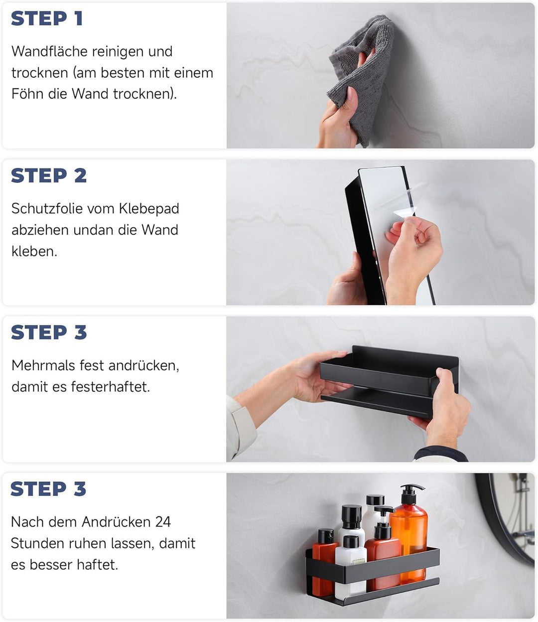 Duschablage Ohne Bohren Schwarz, Duschregal Badregal Ohne Bohren Shampoo Halterung für Dusche Badezi