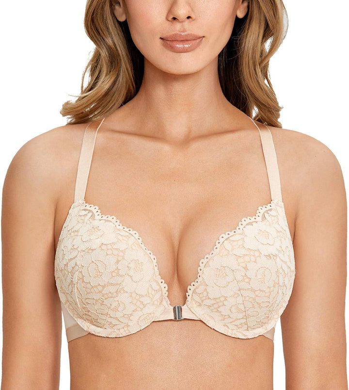DOBREVA Damen Vorderverschluss BH mit Bügel Push Up Spitzen Neckholder BHS Racerback Tiefer Ausschni