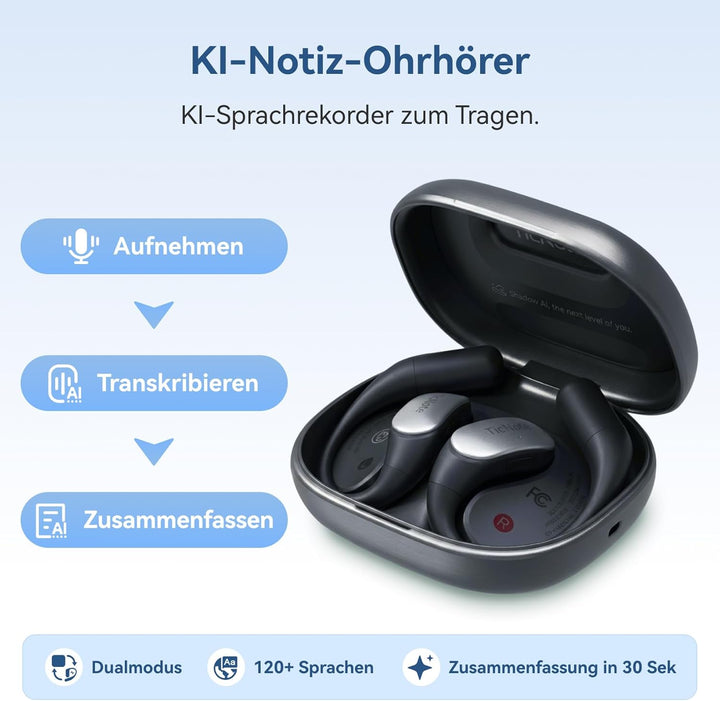 Mobvoi TicNote Pods Wearable KI-Sprachrekorder mit Auto-Transkription &amp; Meeting-Notizen, Wi-Fi – Spr