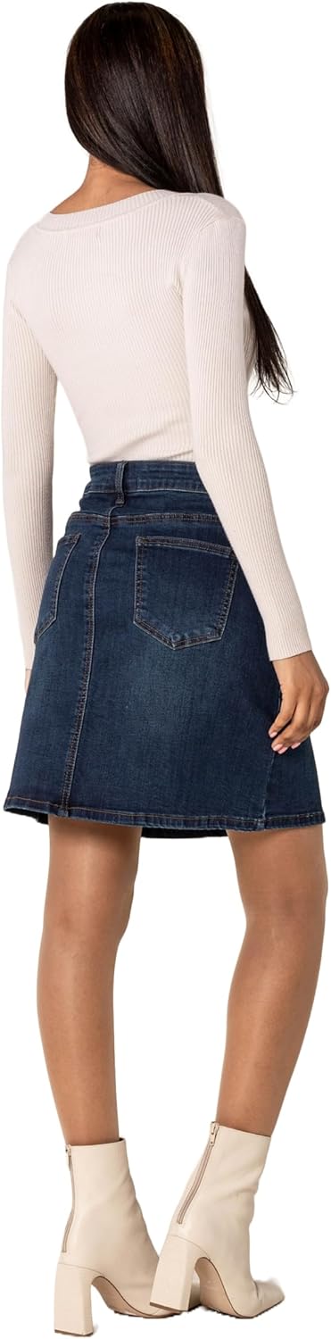 Nina Carter P213 Damen Kurzer Jeansrock mit Vorderem Schlitz Reissverschluss Stretch Used-Look Dunke
