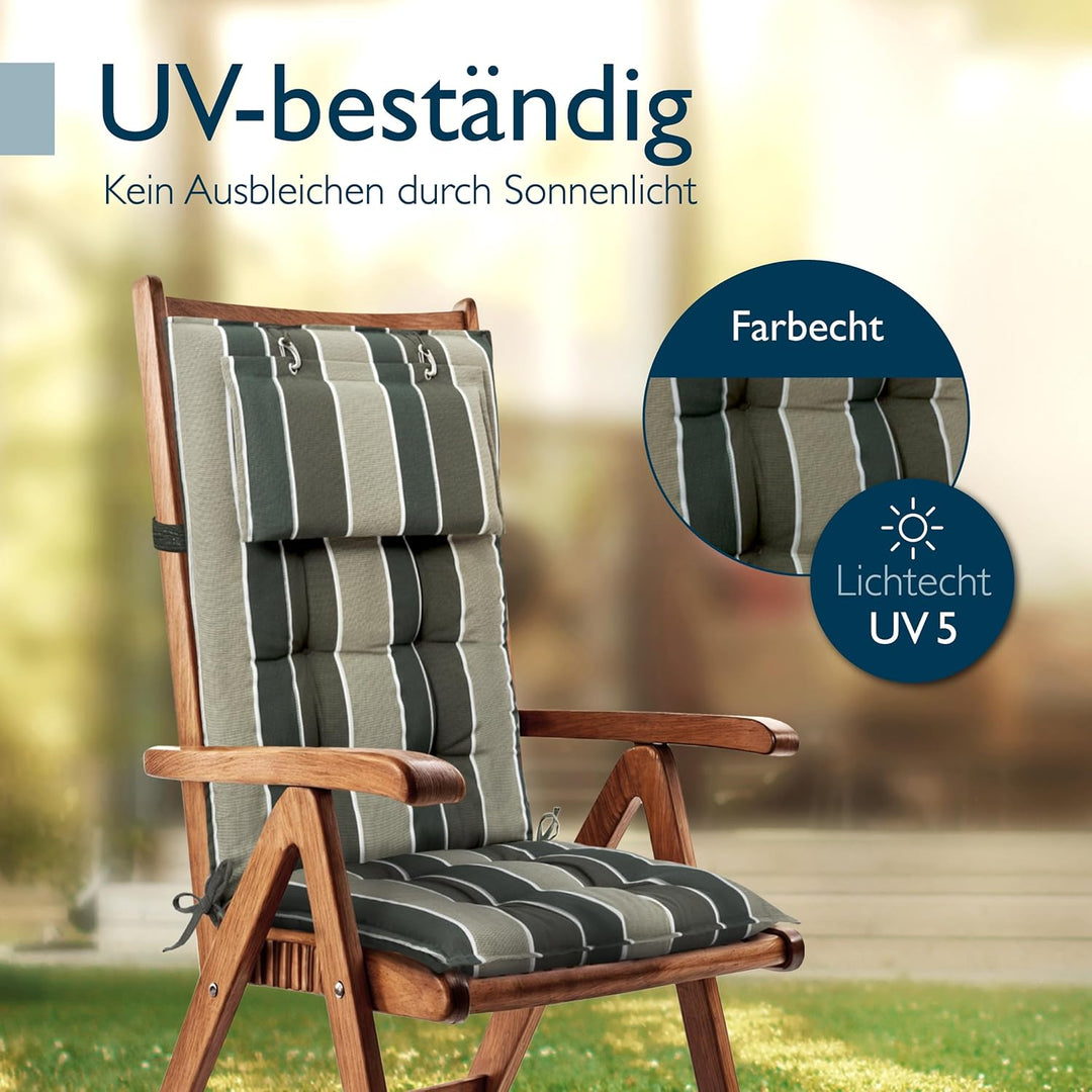 Beautissu 8er Set Premium Hochlehner Auflage mit Kopfpolster Stoff | 120x50cm 8cm dick Grün gestreif