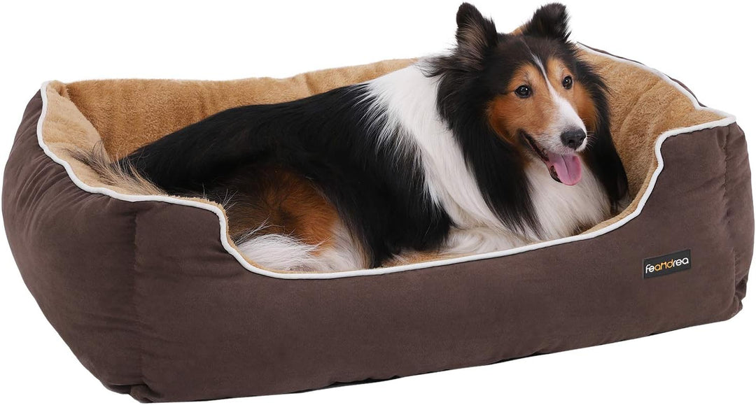 Feandrea Luxus Hundebett, weiches Hundekorb, L, mit abnehmbarem Kissen, 90 x 25 x 75 cm, braun und b