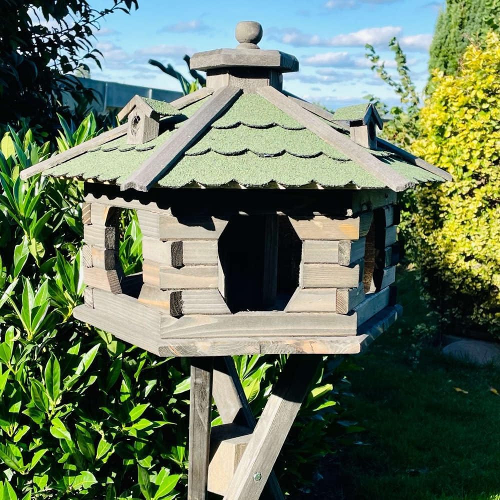 Vogelfutterhaus XL Sechseck Vogelhaus + Ständer Futterstelle Braun/Grün XL ohne Ständer Dunkelbraun