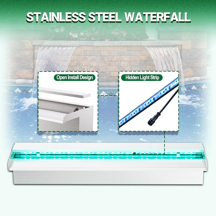 Longrun 30cm Teich Wasserfall Klingen Set, 304 Edelstahl Wasserfall Überlauf, Aussenpool Brunnen mit
