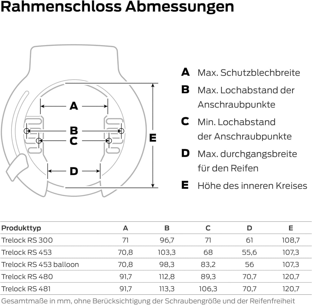 TRELOCK Rahmenschloss RS 480 Naz + Einsteckkette ZR 355 100/6 mit Satteltasche – 70,7 mm breite Öffn
