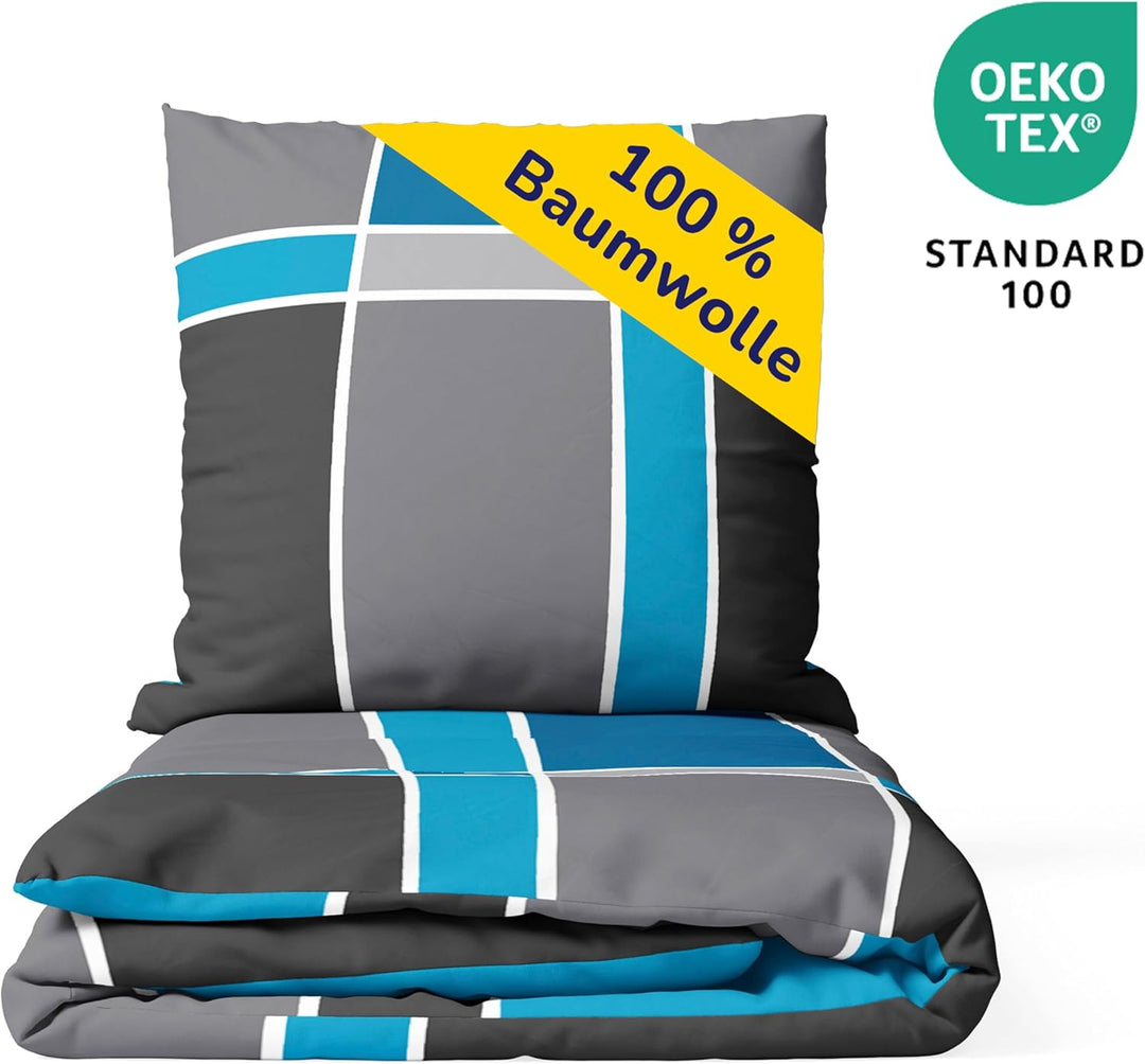 Träumschön Bettwäsche 135x200 4teilig - Bettwäsche Set im Karo Design - Biber Bettwäsche 4tlg aus 10