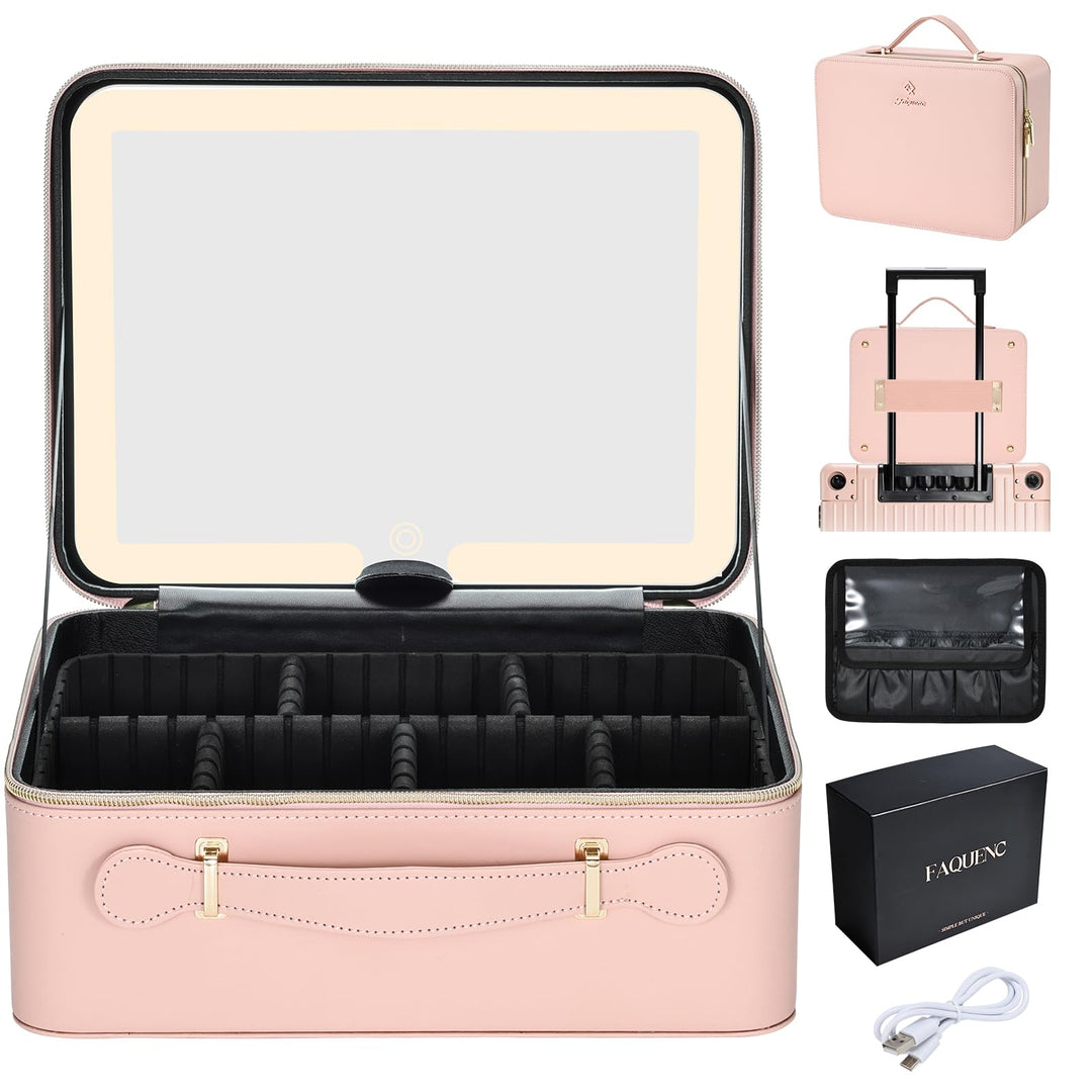 Leder-Kosmetiktasche mit LED-beleuchtetem Spiegel Reise-Kosmetikkoffer Einstellbare Helligkeit in 3