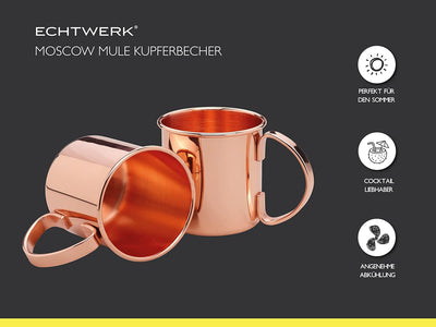 Echtwerk Kupferbecher-Set, Edelstahl-Gläser, Cocktail-Set, Cocktailgläser perfekt für Gin, Vodka, Bi