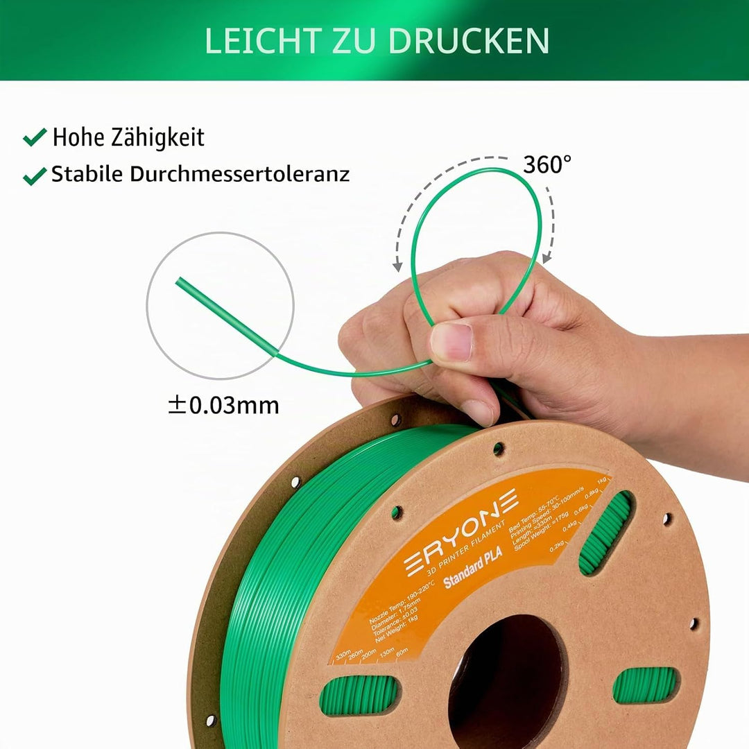 ERYONE PLA Filament 1.75 mm, 3D Drucker Filament PLA, Massgenauigkeit +/- 0,03 mm 1 kg/Spule, Grün A
