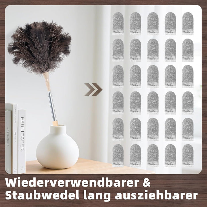 Staubwedel Straussenfedern, Staubwedel Teleskop Waschbar, Ausziehbar bis 125cm für Decken & empfindl