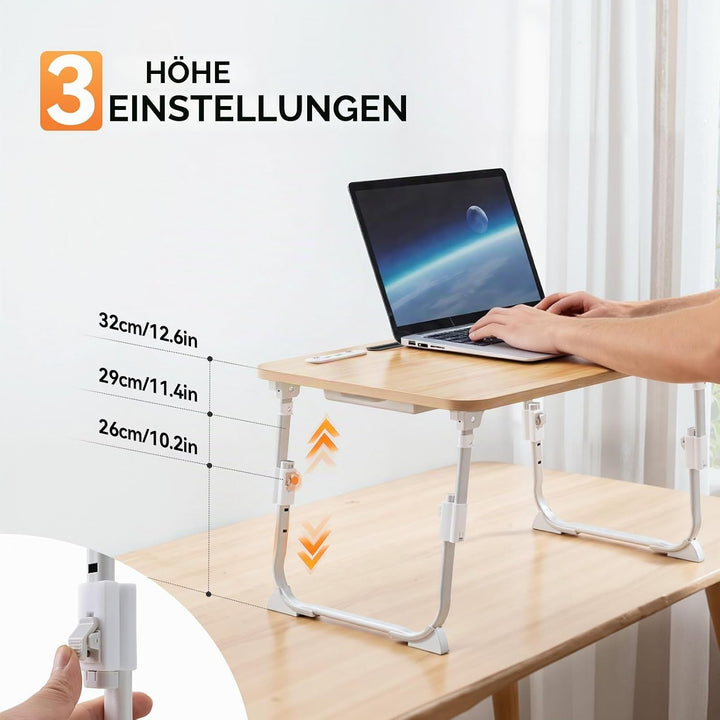 Warmiehomy Laptoptisch fürs Bett, Höhenverstellung Tablettisch mit klappbaren Beinen &amp; Getränkehalte