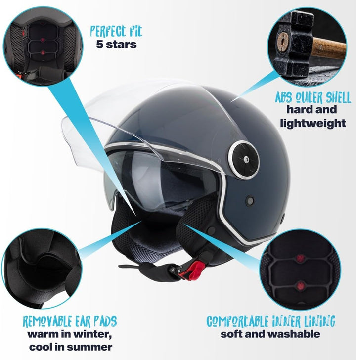 VINZ Tobia Jethelm mit Doppelvisier | Roller Helm Fashionhelm | In Gr. XS-XXL | Jet Helm mit Sonnenb