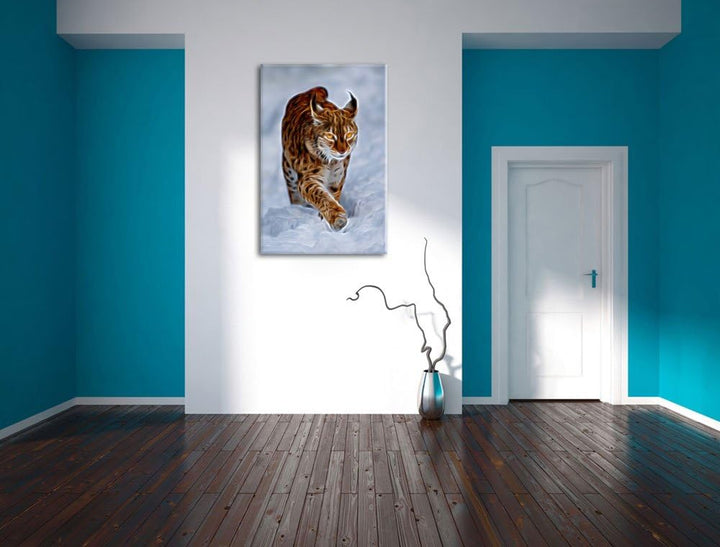 Luchs im Schnee Deluxe Format: 100x70 cm auf Leinwand, XXL riesige Bilder fertig gerahmt mit Keilrah