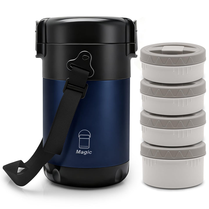Thermobehälter Essen mit 4 Einzelnen Trennbehältern, Isolier-Lunchbox Edelstahl 2.6L, Auslaufsicher,