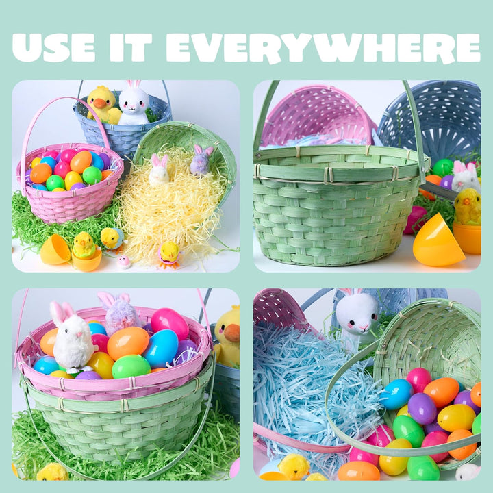 JOYIN 3 Stück Oster-Bambuskörbe, blau, rosa, grün, rund, gewebter Goodie-Korb mit klappbarem Griff,